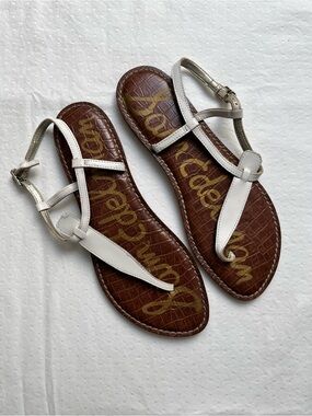 Sam Edelman White Leather T-Strap Flat Sandals Ankle Strap 8